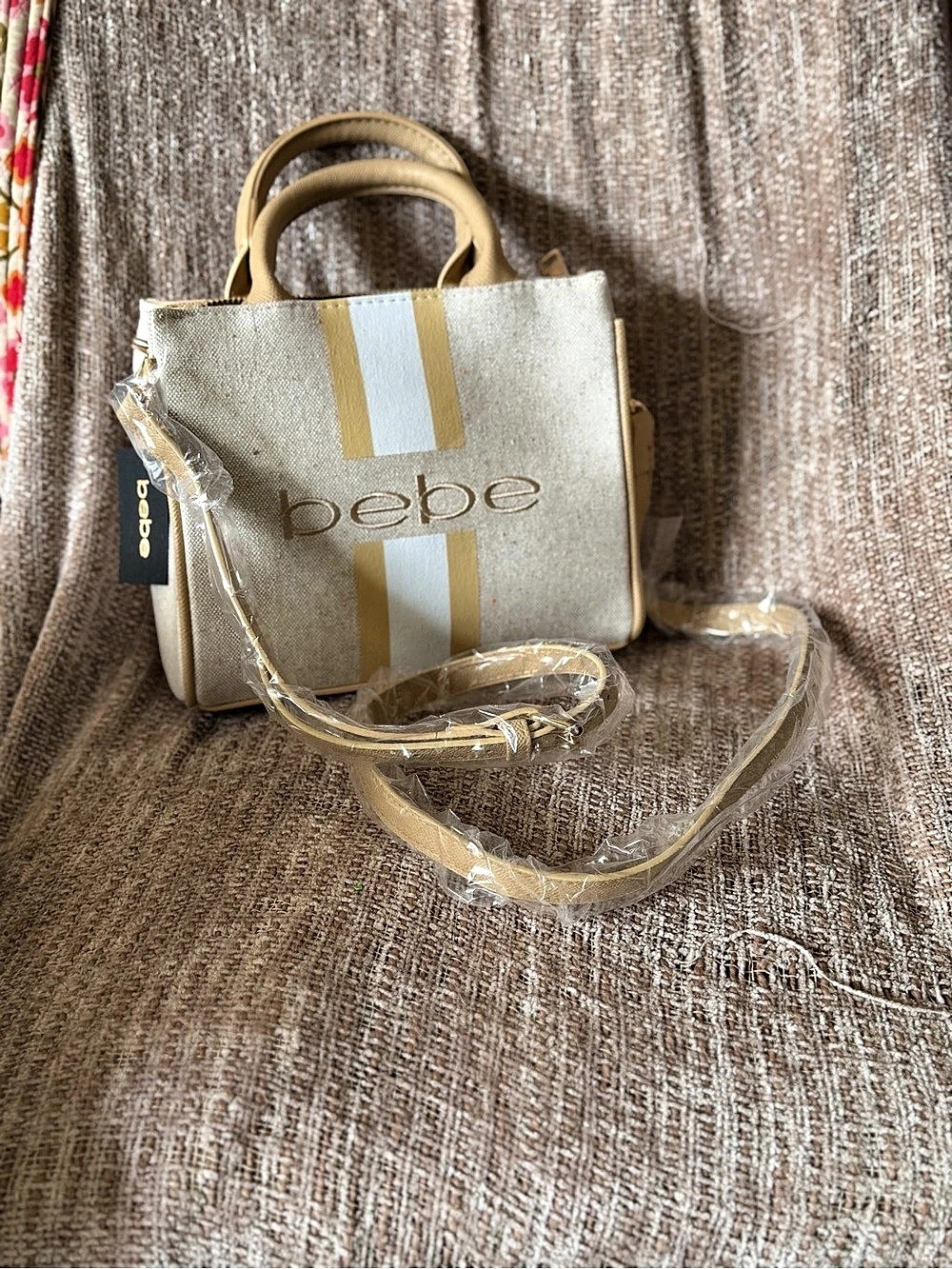 bebe Beige Canvas Tote with Tan Trim and White Stripe Satchel